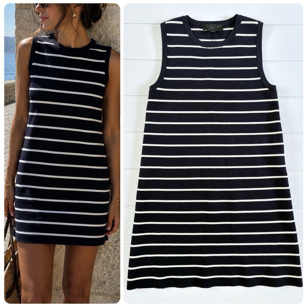 Zara Striped Thick Knit Mini‎ Shift Dress Navy Sleeveless Preppy Quiet Luxury XS